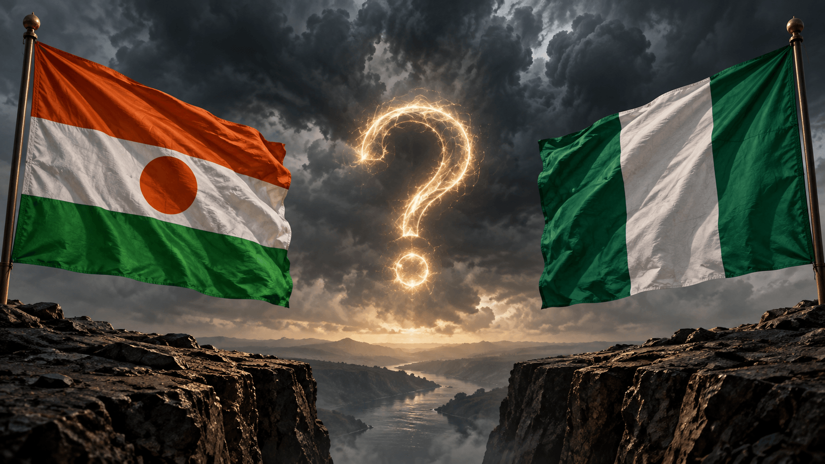 Drapeaux du Niger et du Nigeria face à face, séparés par un point d’interrogation lumineux illustrant les questions diplomatiques de Niamey.