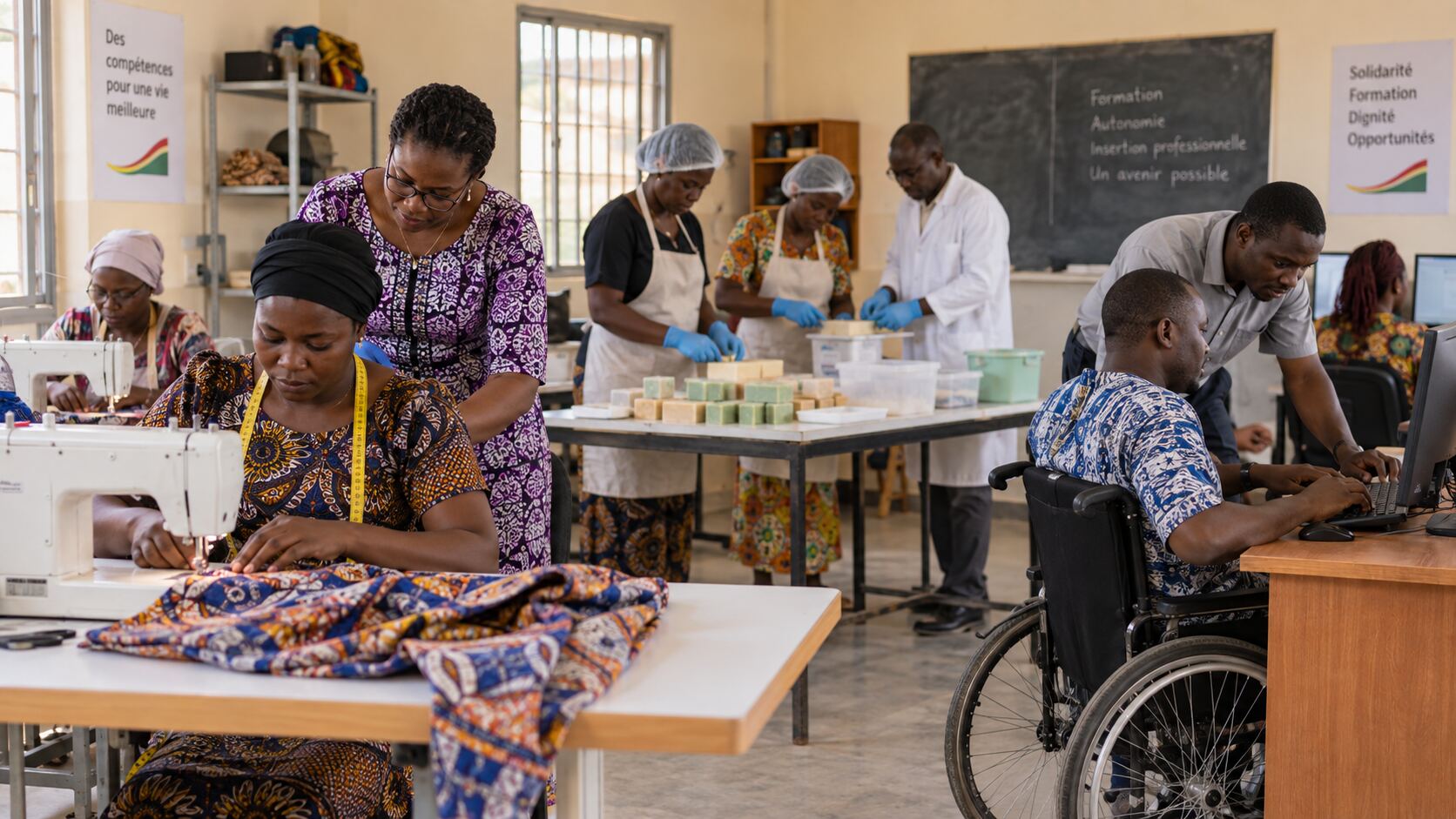 Des adultes suivent des formations en couture, saponification et informatique dans un centre professionnel au Burkina Faso.