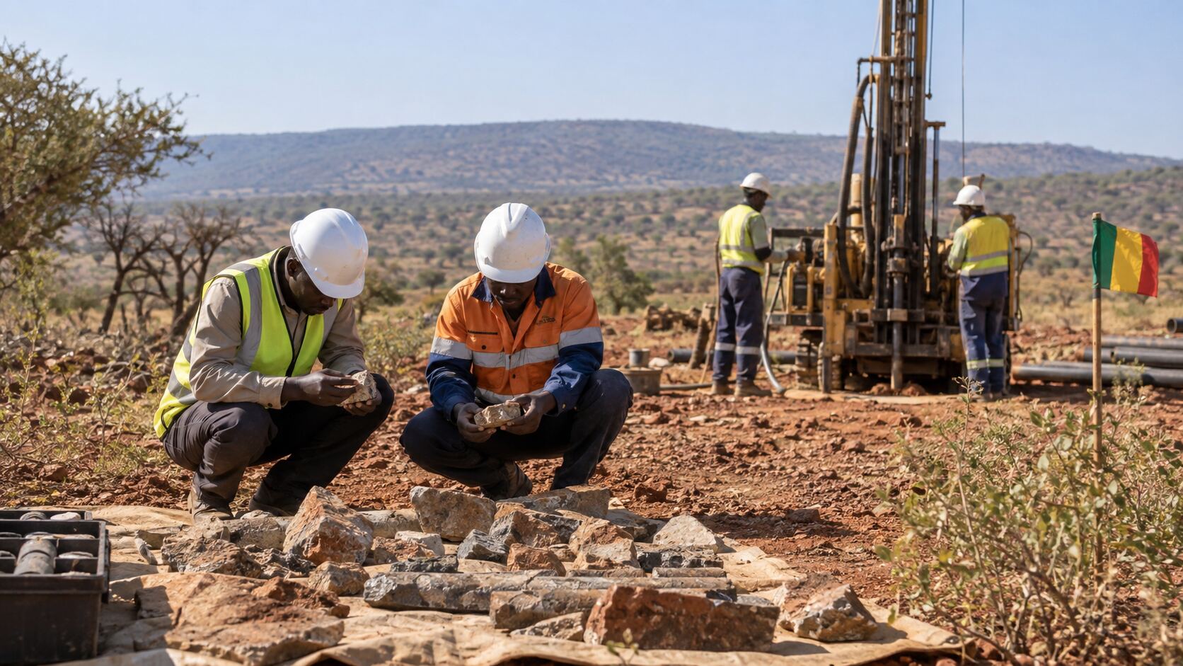 Des géologues examinent des échantillons de roche sur un site de recherche aurifère au Mali.