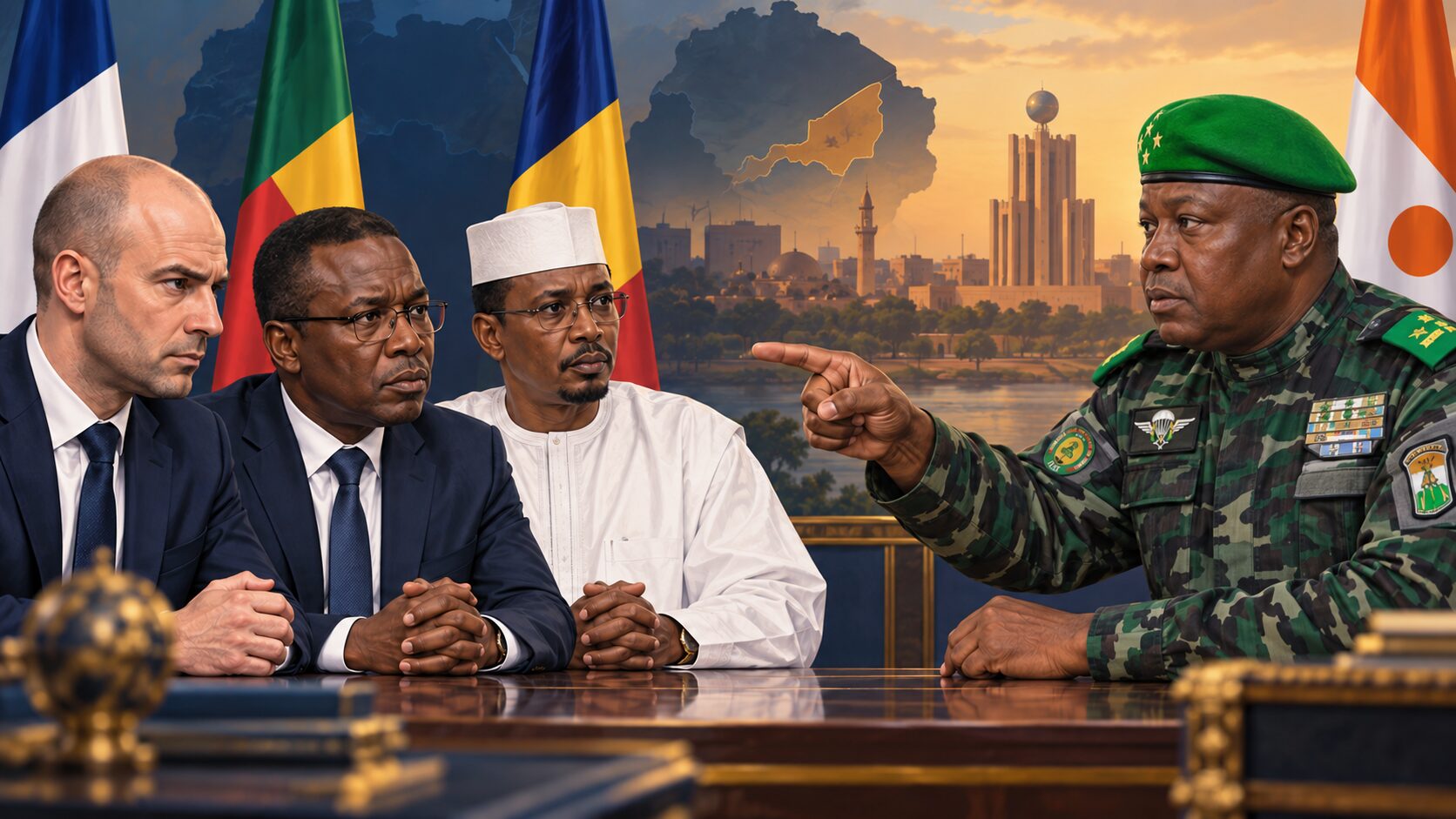 Illustration du général Abdourahamane Tiani face aux responsables français, béninois et tchadien après les événements de Niamey.