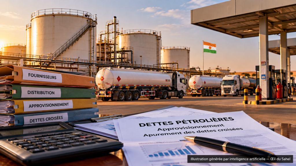 Illustration générée par IA montrant des réservoirs pétroliers, des camions-citernes et des dossiers financiers symbolisant les dettes pétrolières au Niger
